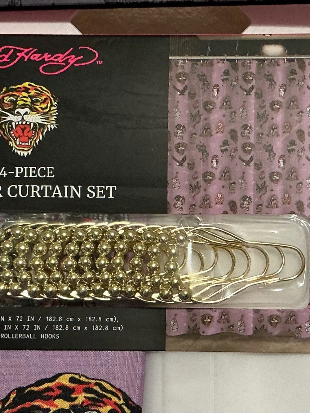 Ed Hardy Purple Tiger Motif Shower Curtain Set with Gold Hooks